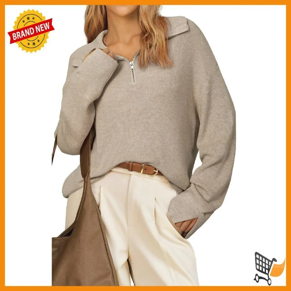 Wool Blend Quarter Zip Pullover Sweater Lapel Oversized Fit Top